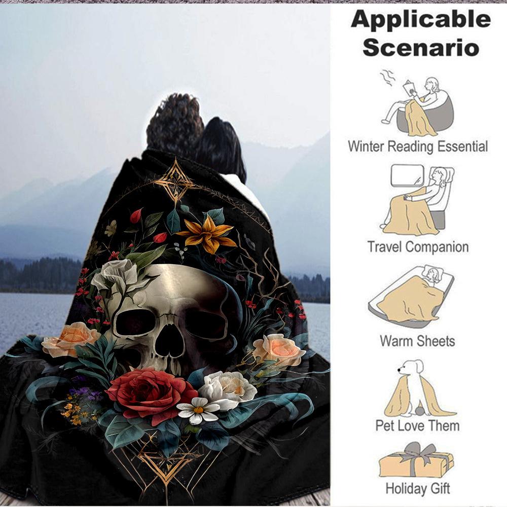 1pc Skull Flowers Blanket, Lightweight Flannel Fleece with Digital Printing, Soft Warm for Sofa, Travel, Camping, Office, Couch, Chair, and Bed, All-S