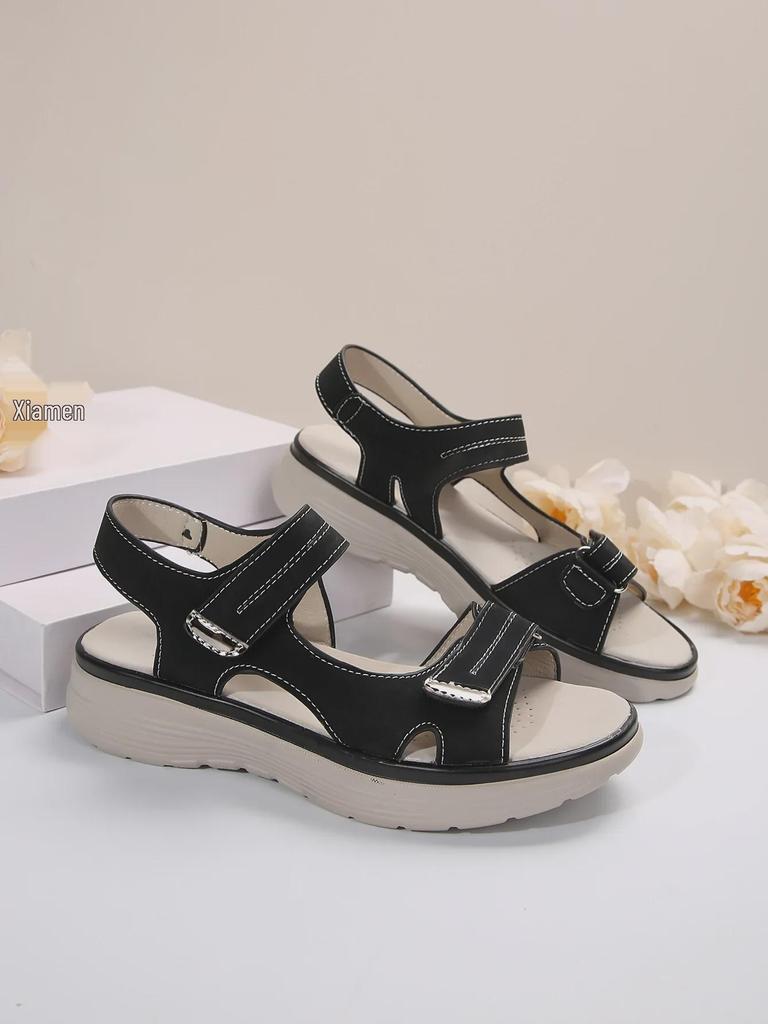 Summer 2025 Women's Sporty Wedge Heel Genuine Leather Sandals - Soft, Lightweight, Velcro, Plus Size Slippers.