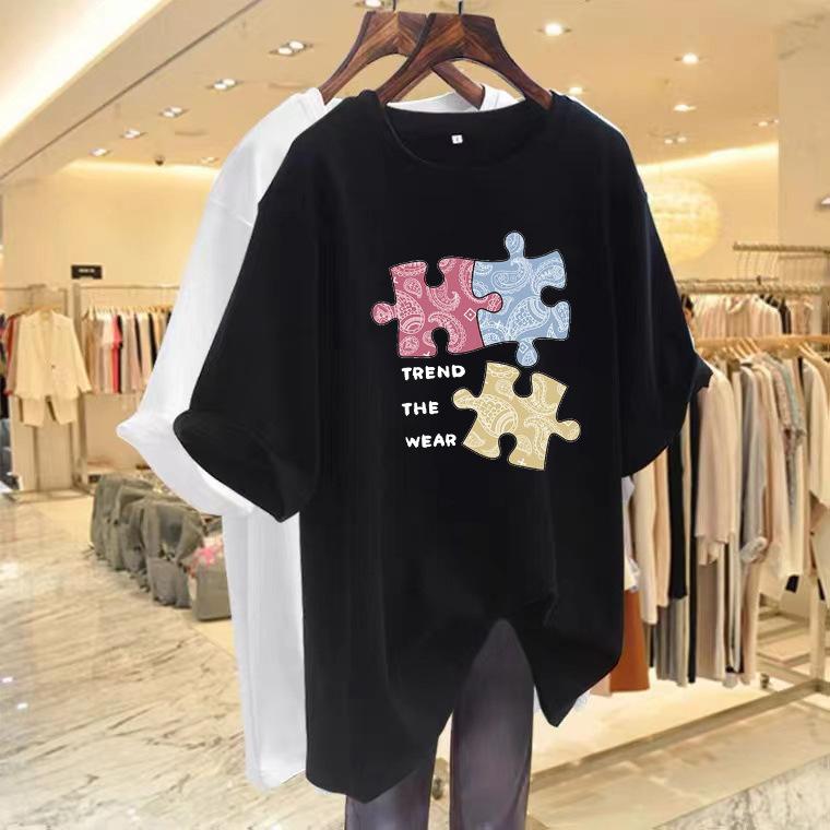 Cartoon puzzle letter printing short-sleeved t-shirt women's summer 2025 new loose casual versatile crew neck thin top