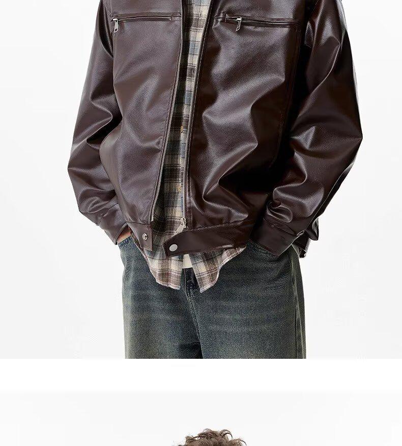 Men's Retro High-End Leather Motorcycle Jacket with Stand Collar - Loose Fit, Plus Size, Fashionable Casual Outerwear.