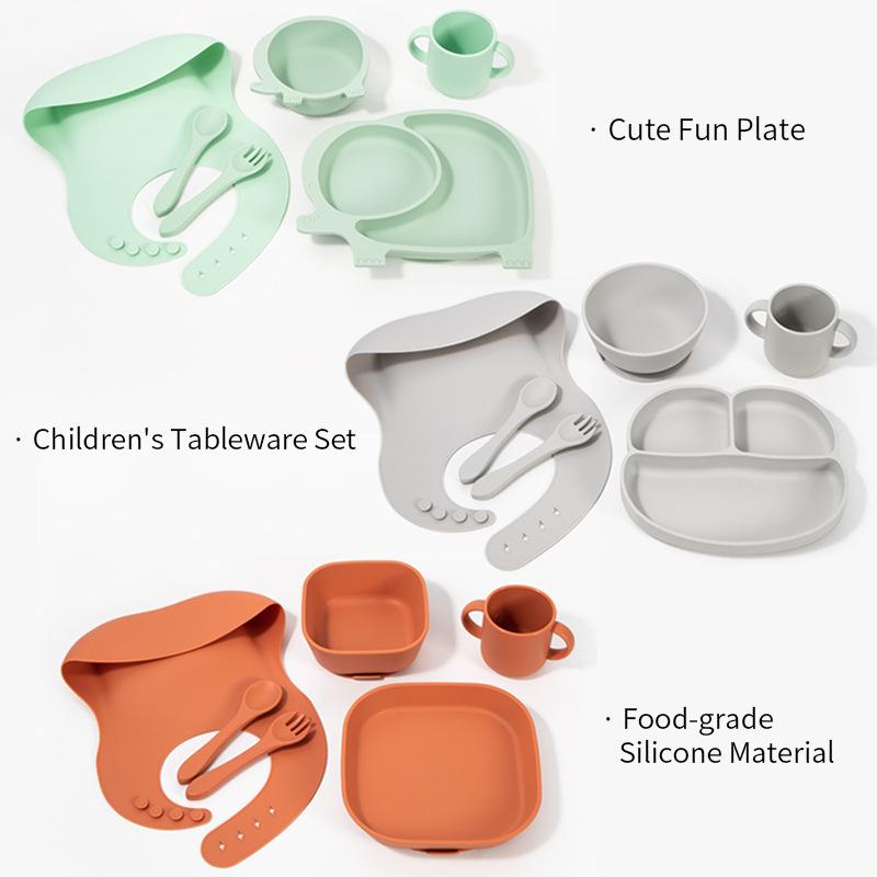 Ensemble de vaisselle pour bébé: Assiette Compartimentée en Silicone, Bavoir, Cuillère, Fourchette, Bol et Ventouse
