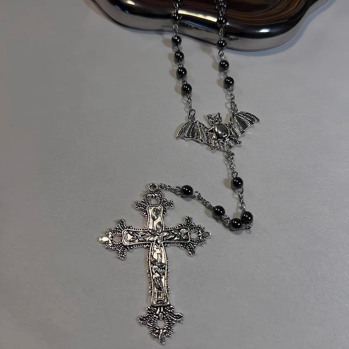 

Y2K Темная Яби Герл Многослойное Черное Ожерелье с Бусинами и Крестом Летучей Мыши - Сладкий, Крутой Аксессуар