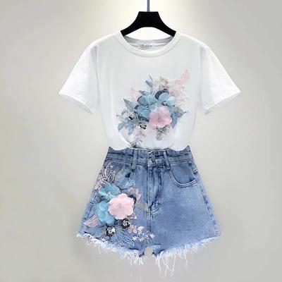 Yaz Kadın 2 Parça Setleri Ağır Iş Nakış 3D Çiçek T-shirt + Denim Şort Setleri Vintage Boncuk Şort Takım Elbise Kadın Kıyafeti