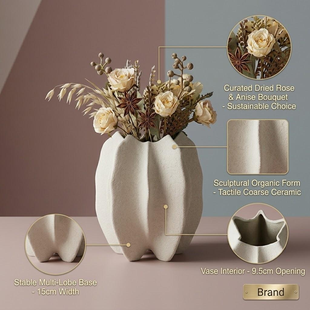 Sculptural Multi-Lobe Ceramic Vase, 4.5  Modern Minimalist Flower Pot, Coarse Texture Table Decor for Living Room, Home Office
