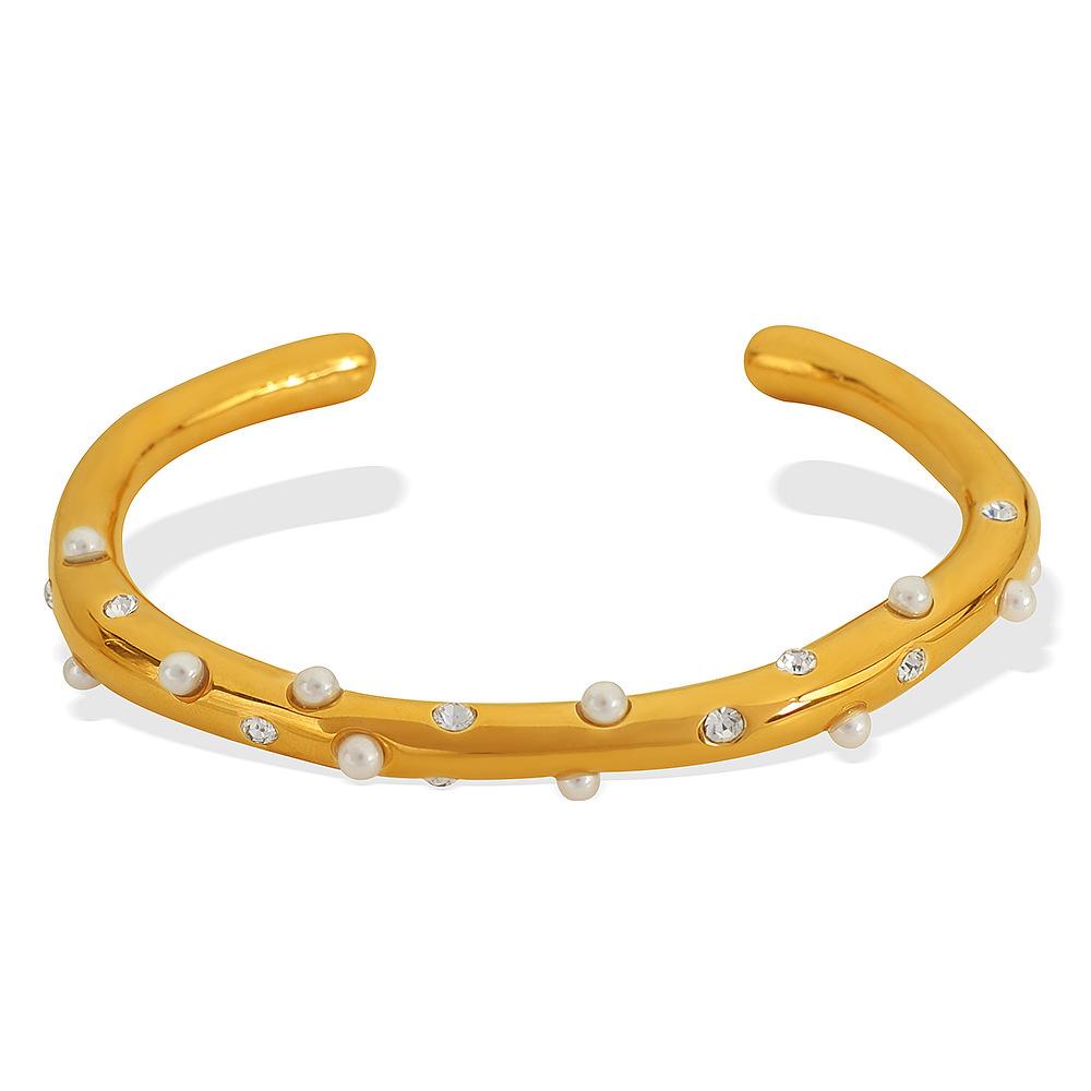 Bracelet Gold Stainless Steel Inlaid Imitation Pearl Irregular Opening Bracelet Light Luxury Versatile