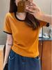 Women's Fashion Slimming Color Block U-Neck T-Shirt