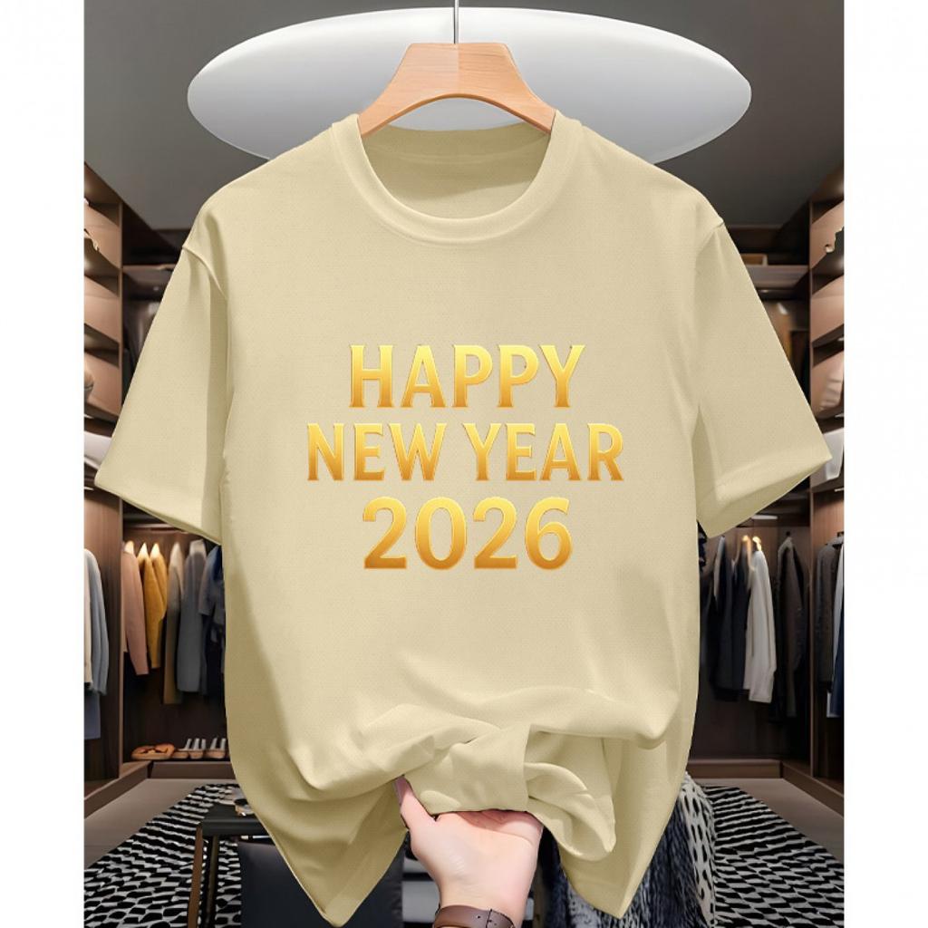 Happy New Year 2026 Graphic Tee Mens Casual Cotton Short Sleeve TShirt Round Neck Breathable Holiday Print Tee