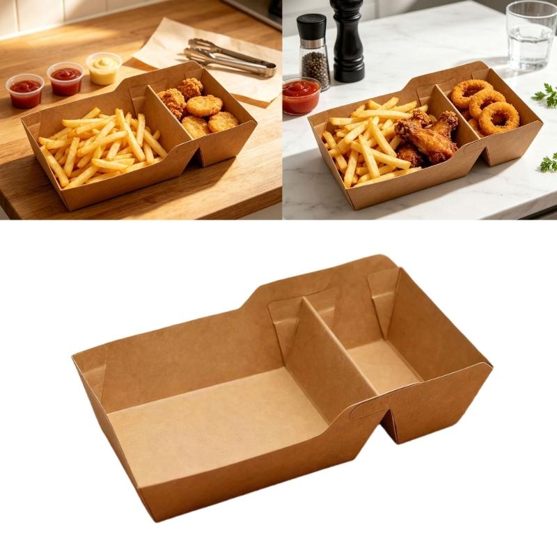 Disposable Paper Boats 100 Count Paper Serving Basket Trays with Two Separate Compartments, Open Food Servers That Fit Together for Presenting Fries