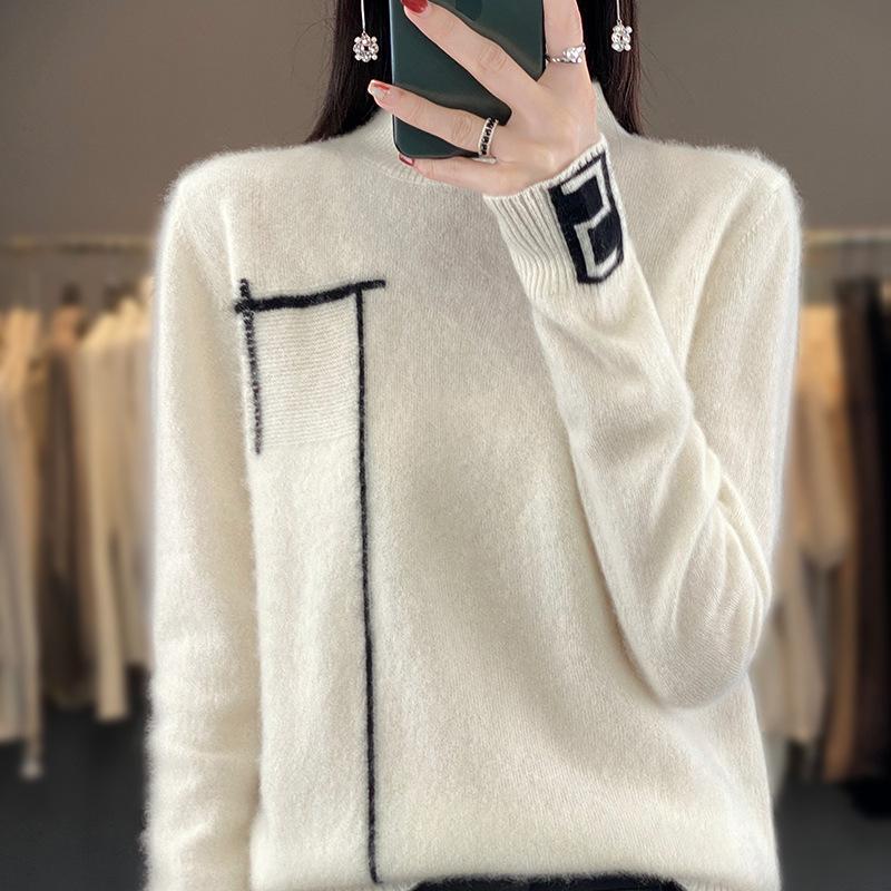 Damen Strickpullover in Übergröße mit hohem Kragen - Colorblock Lockerer Schnitt für Herbst/Winter