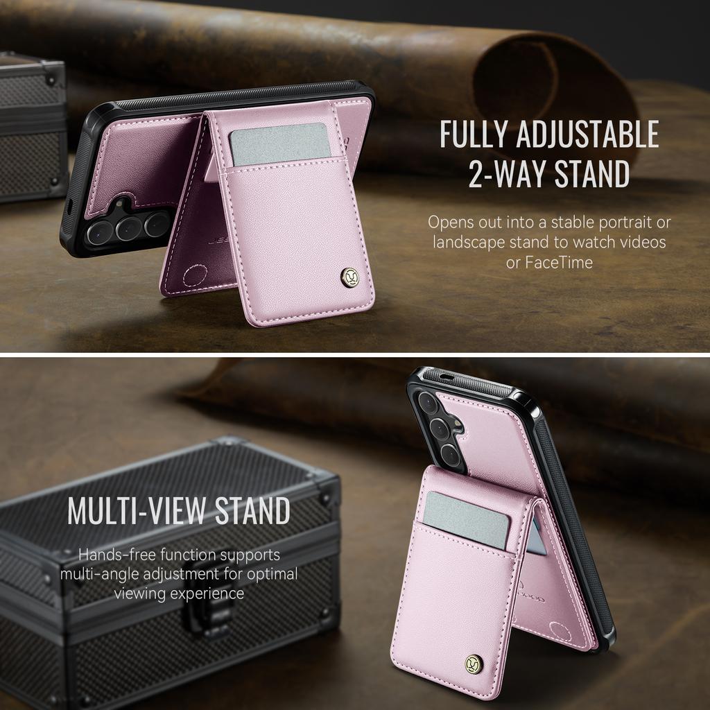 For Samsung Galaxy S25 FE Leather Back Cover JEEHOOD J06 Magnetic Phone Case with Card Bag RFID Blocking