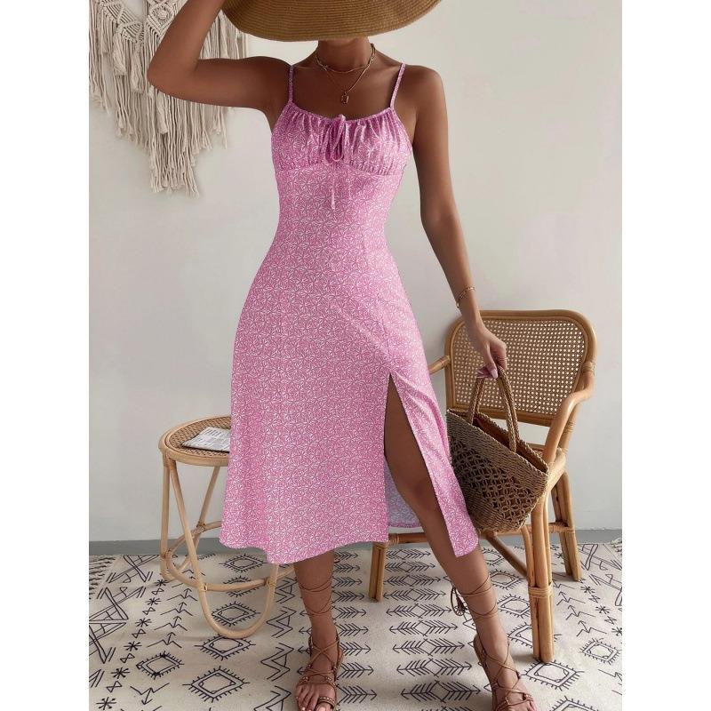 Women Floral Print Spaghetti Strap Midi Dress With Front Slit And Drawstring