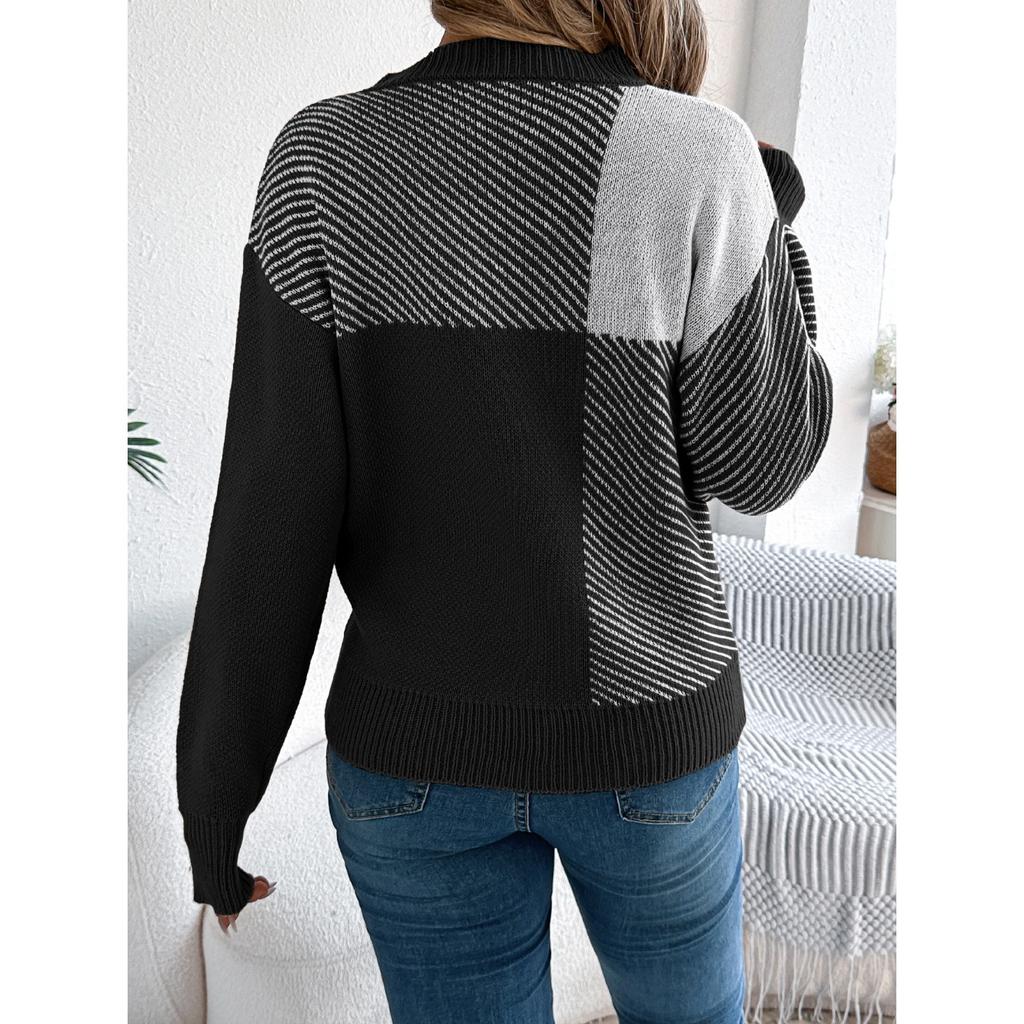 HNXC  Autumn and Winter Casual Checkered Long-sleeved Pullover Sweater for Women