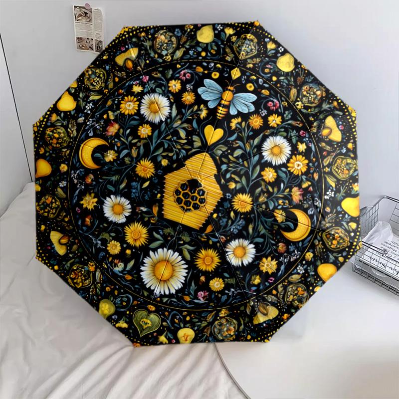 Bee Flower  Pattern, Automatic Folding Umbrella, Portable and Foldable Design, 8 Ribs, a Christmas or Birthday Gift.
