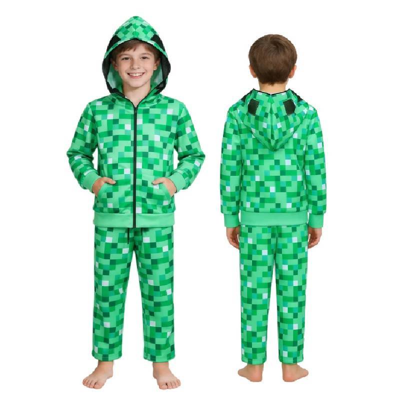 Minecraft Creeper Kids Hoodie And Pants Set With Polyester Fabric For Cosplay And Casual Wear
