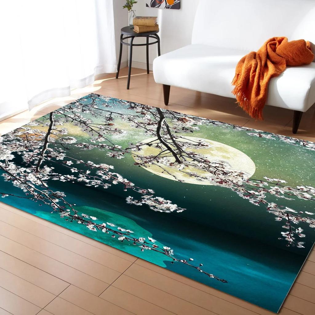 Pink Cherry Blossom Rug Romantic Floral Spring Carpet Non Slip Floor Mat for Girl's Bedroom, Bedside Living Room