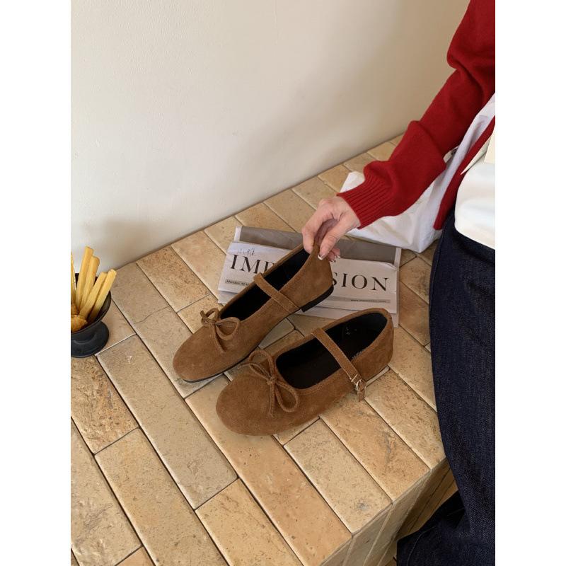Bow Suede Single Shoes Women's 2025 New Round Head Flat Bottom with Skirt Retro Mary Jane Shoes Ladyshoes