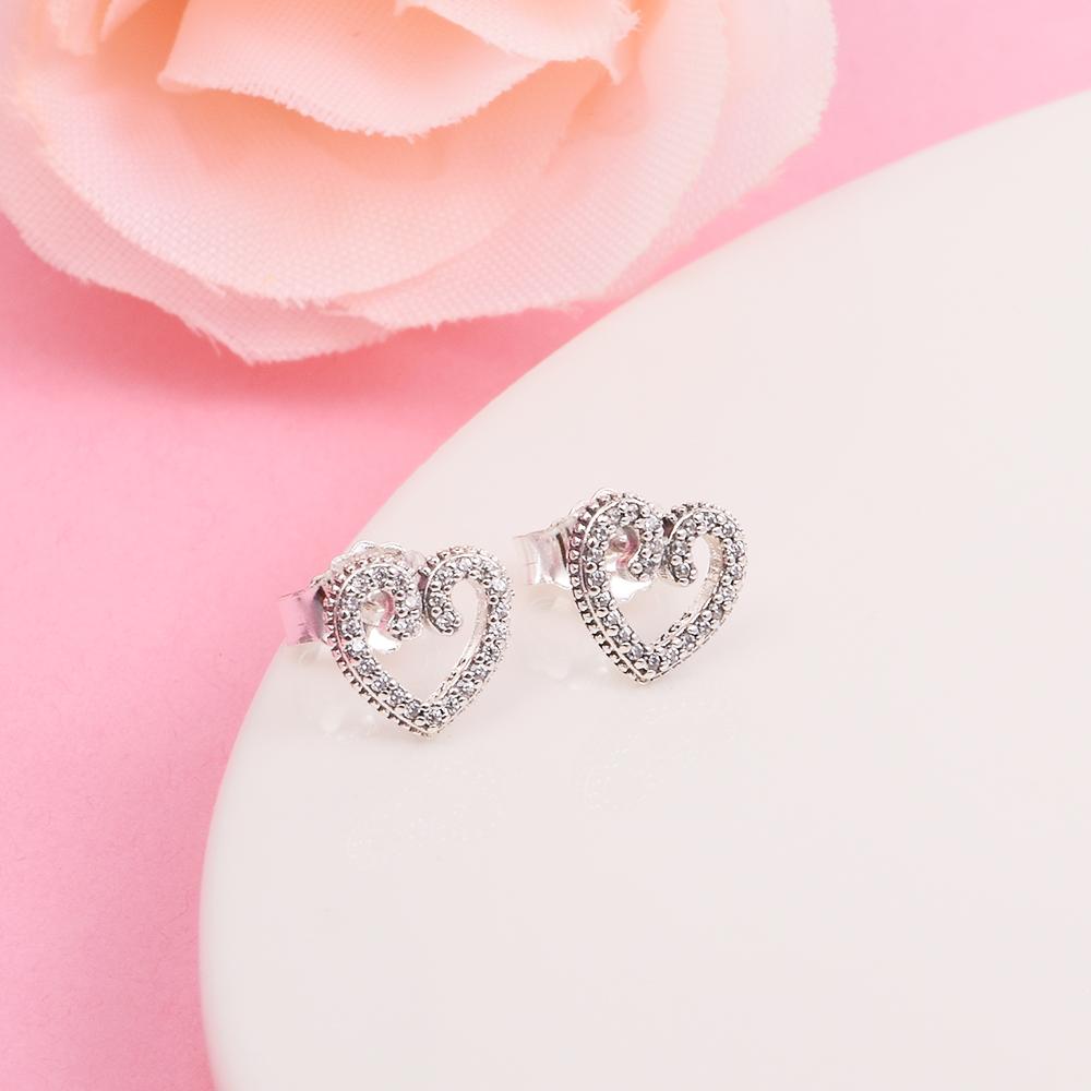 925 Sterling Silver Jewelry Clear CZ Heart Swirls Stud Earrings for Women Silver S925 Earings Pendientes Mujer