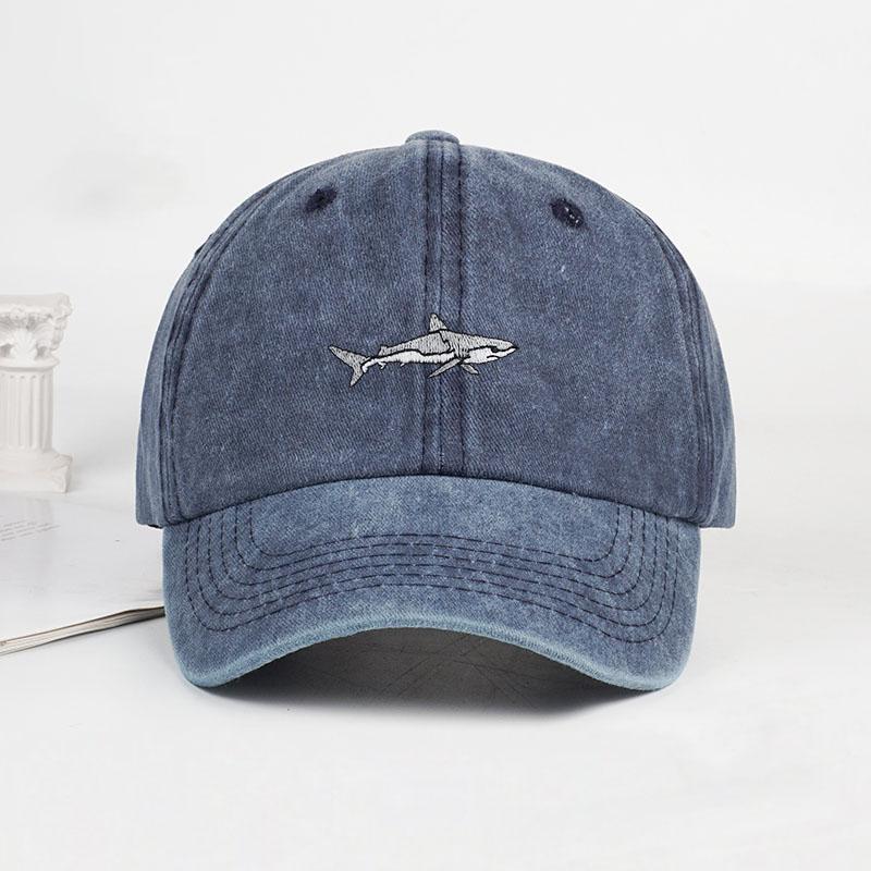 MLFO Shark Embroidered PreWashed Baseball Cap Summer WideBrim Cap Spring Casual Cap Outdoor Sun Hat Fishing Cap
