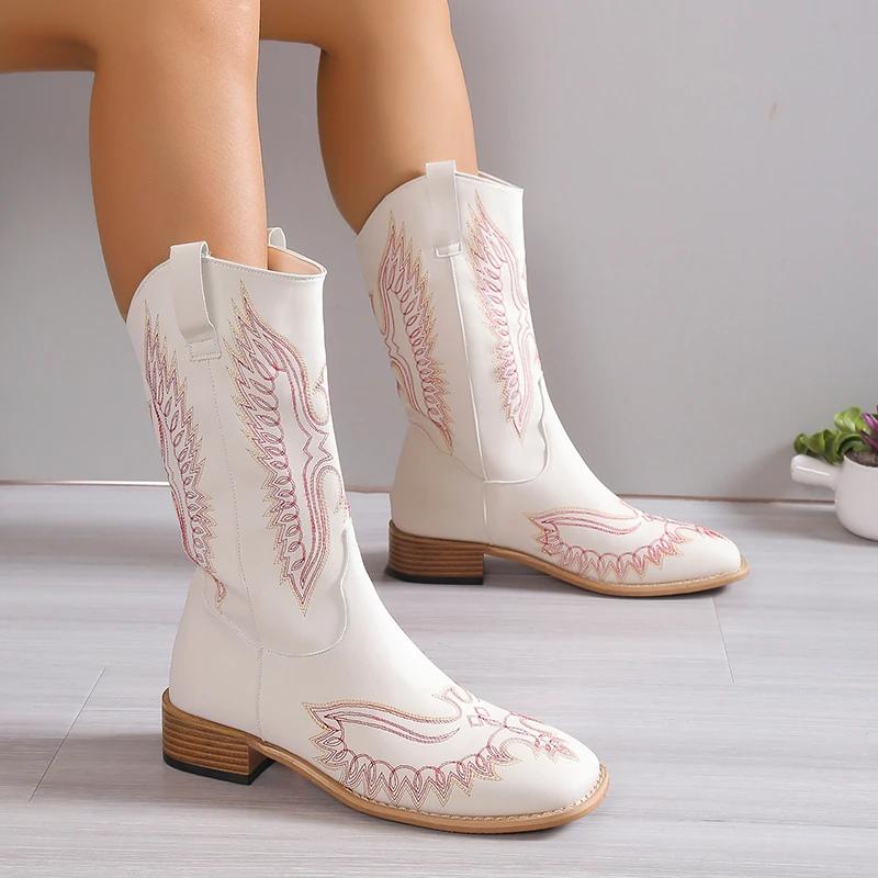 2024 Vente Chaude Chaussures pour Femmes Manchon Bottes d'Hiver pour Femmes Bout Carré Couleurs Mélangées Mi-Tige Racine Carrée Grande Taille Bottes de Mode