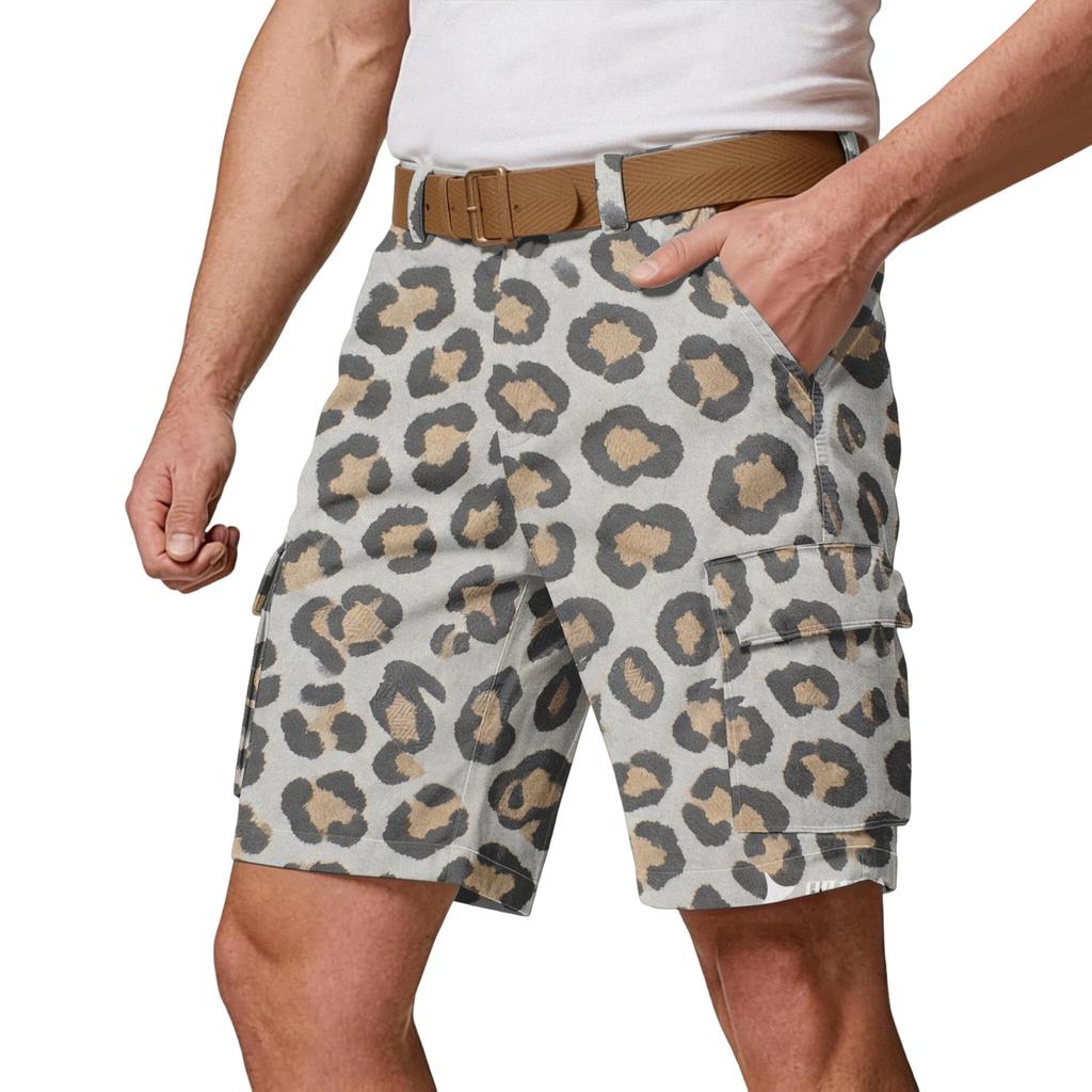 Men’s Casual Multi Pocket Cargo Shorts with Leopard Print Pattern Relaxed Fit Outdoor Athletic Shorts