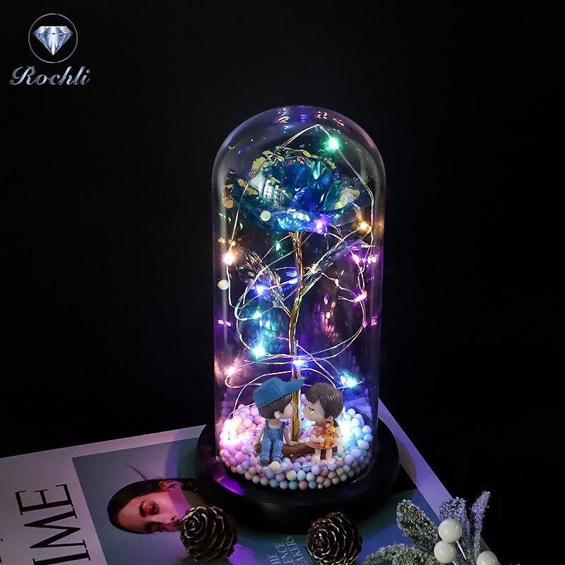 Rose Flower Preserved in Glass Dome with Night Light - Mother's Day or Birthday Gift Ornament