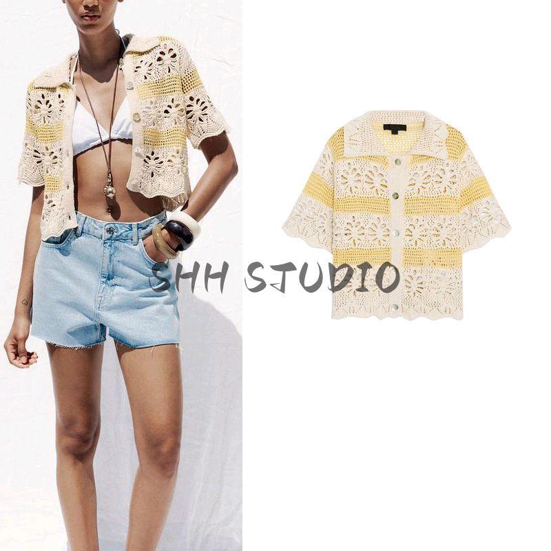 Summer New Product Women's Clothes Vacation Style Decorated Row Button Jacquard Mesh Lapel Sleeveless Knitting Tops 6236021