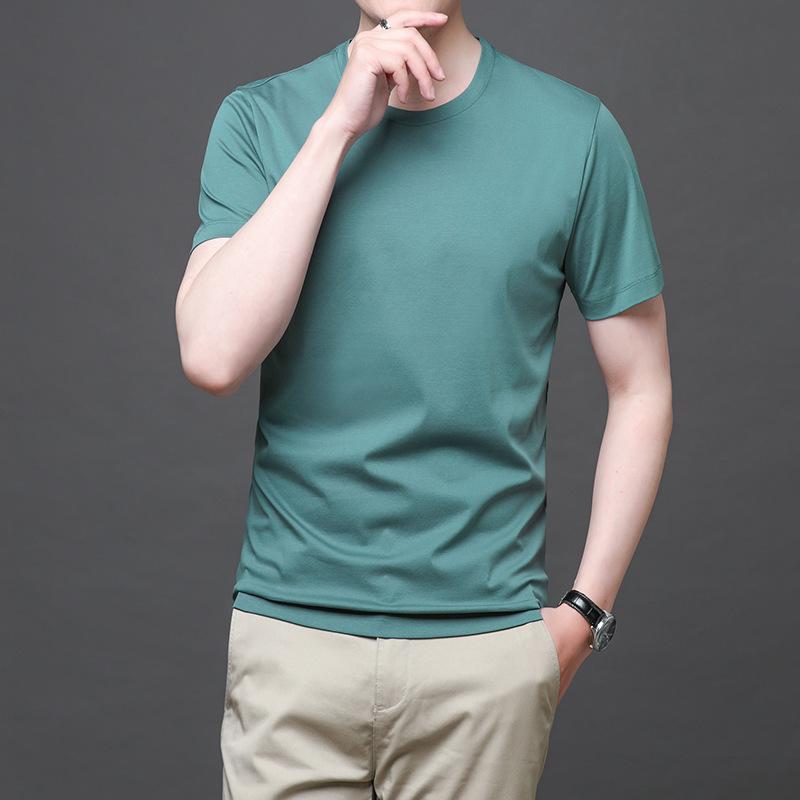 Mercerated Cotton Short-sleeved T-shirt Men's Round Neck Summer New Half-sleeved 80-pin Mercerated Cotton Loose Solid Color Top