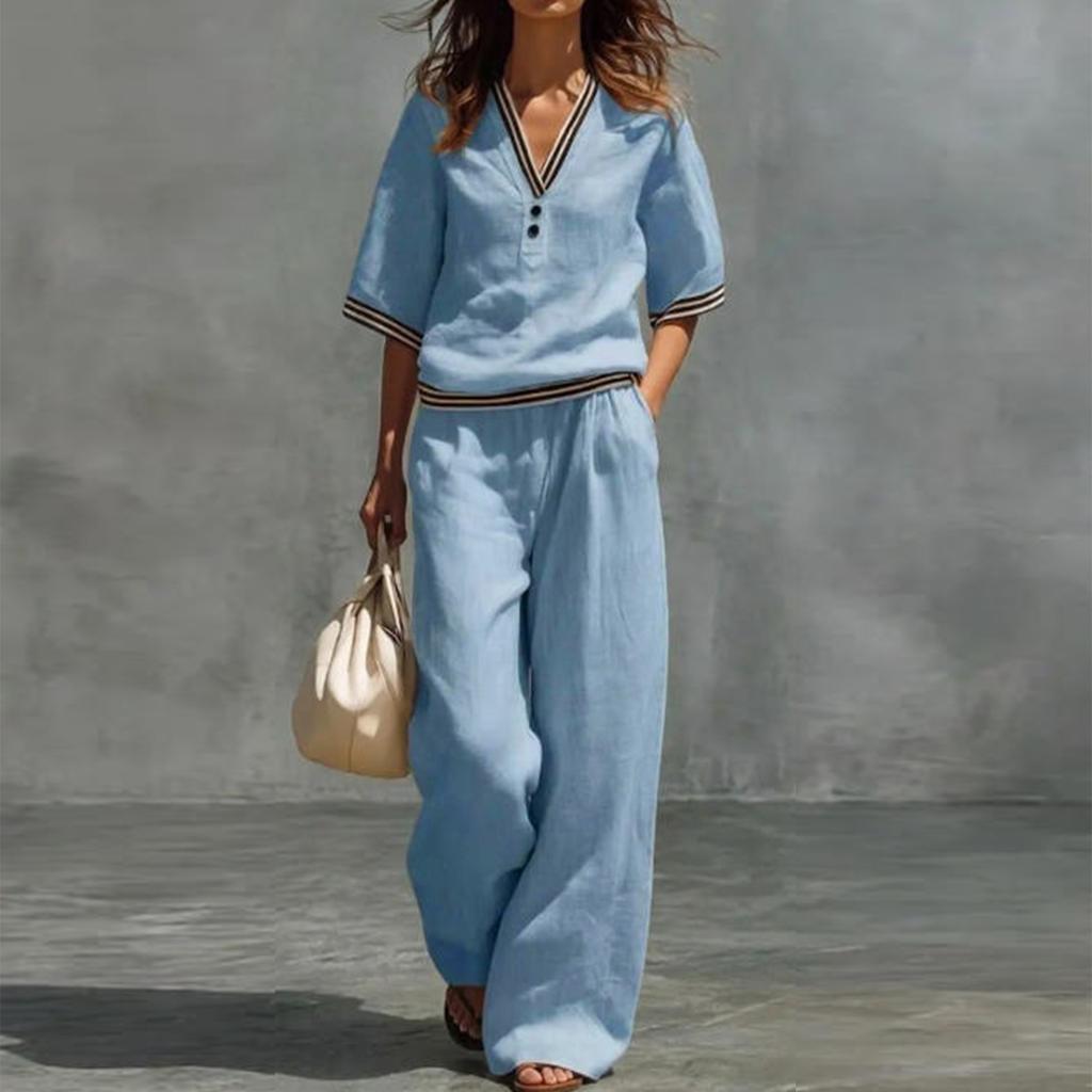 Damen Freizeit Zweiteiler V-Ausschnitt Kurzarm Top und Weite Hosen Lounge Outfit Leichter Bequemer Stoff Stilvolles Design