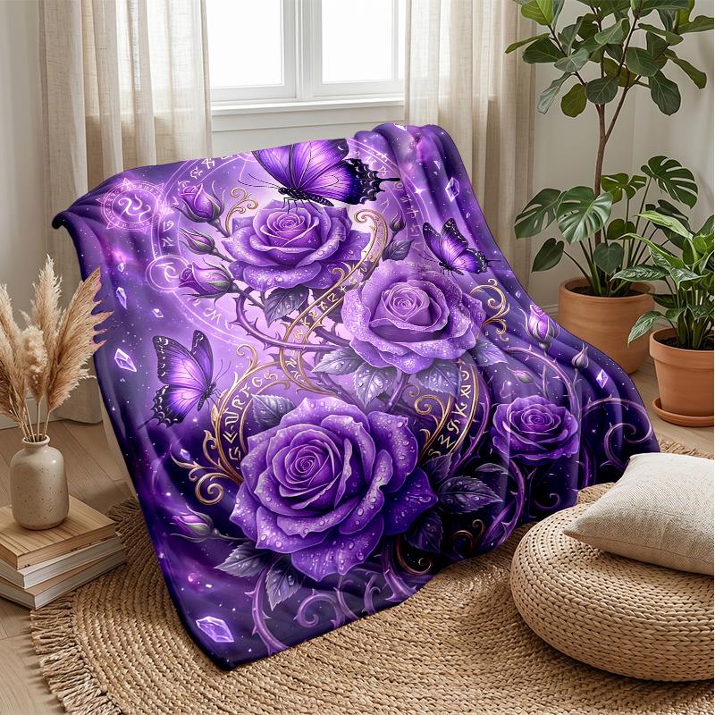 Mystic Purple Roses and Butterflies Theme blanket Lightweight Warm Flannel Blanket Decorative Throw Blanket for Home Decoration