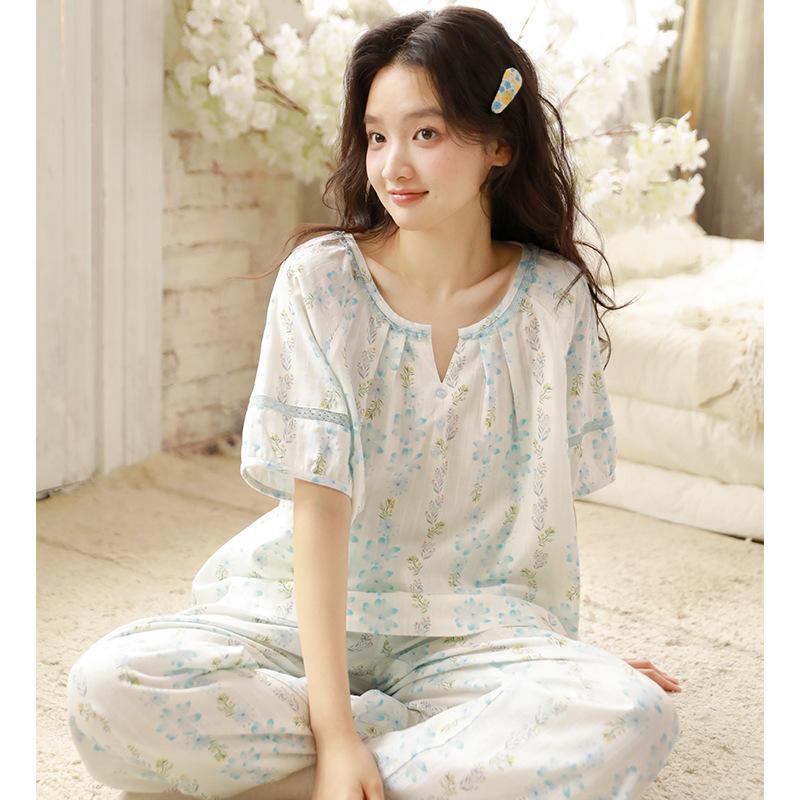 Summer sweet Japanese women's cotton gauze vitality girl skirt short-sleeved trousers round neck lazy loungewear set 11