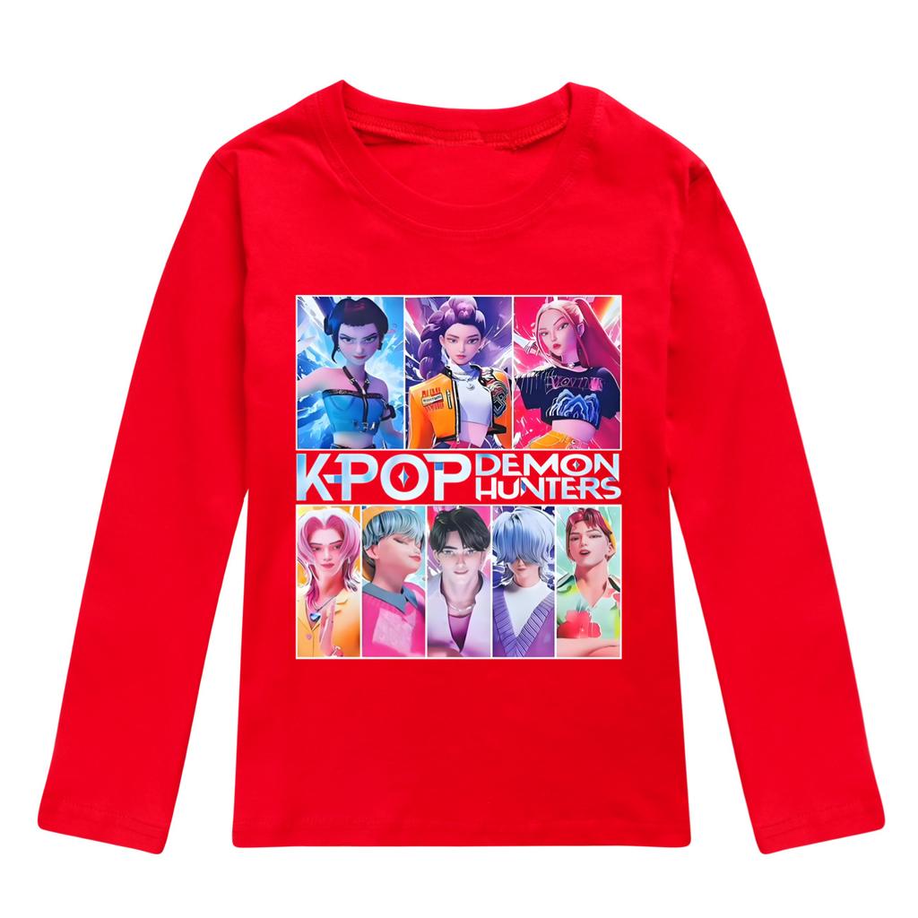 KPop Dämonenjäger T-Shirt Kinder Stilvolle Mode Cartoon Freizeitkleidung Jugend Mädchen Locker Rundhals-T-Shirts Jungen Langarm-Oberteile