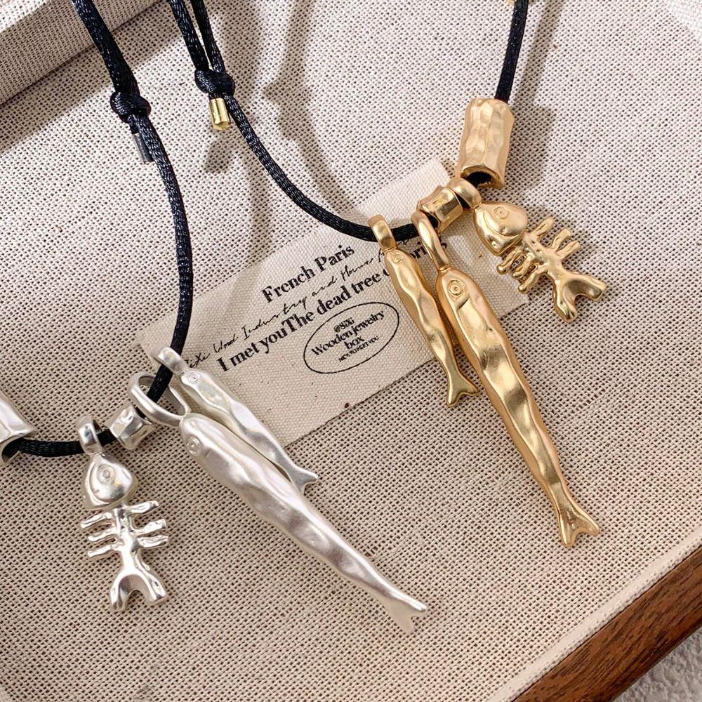Adjustable Chain Necklace Wax Rope Long Necklace New Fish Bone Pendant Necklaces for Women Men