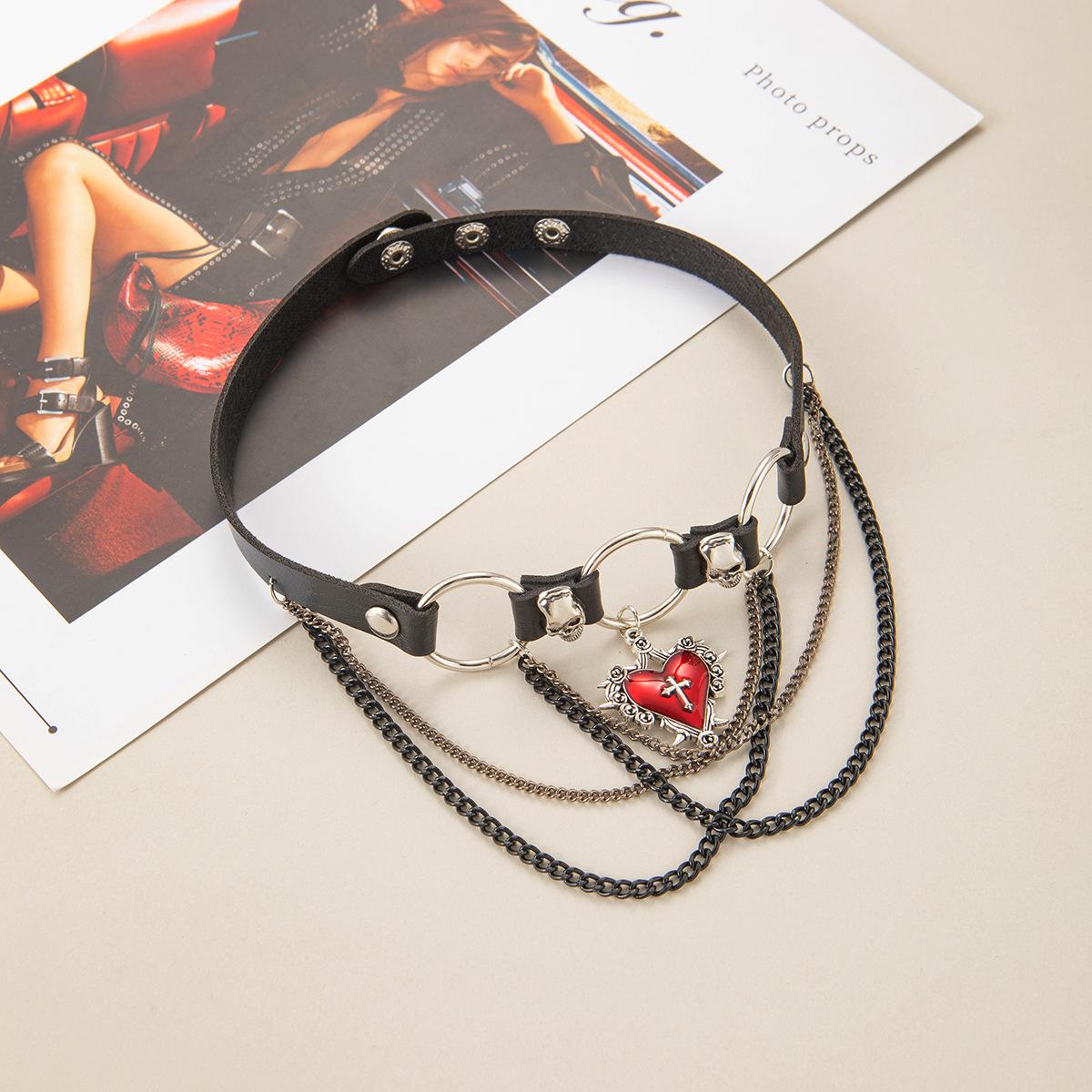 

Punk Hip Hop Style Necklace Retro Dark Leather Love Chain Fringed Collar Niche Personality Collarbone Chain