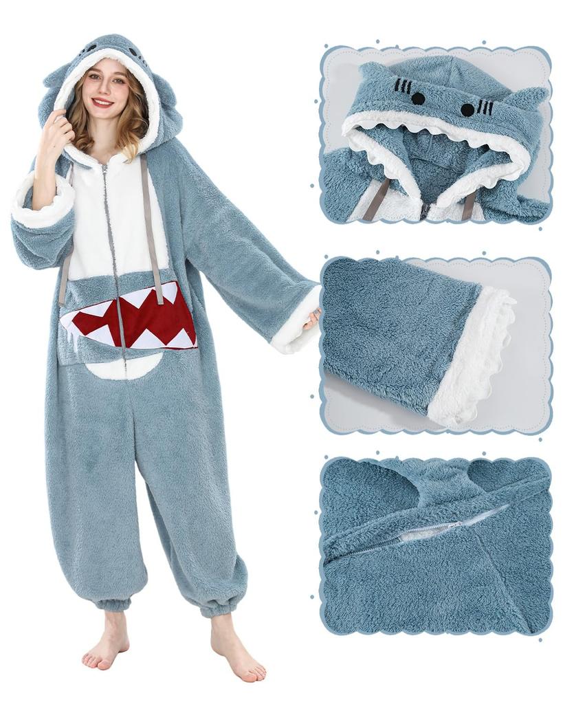 [Excellent Product] Unisex Shark Kigurumi Pajama Set, Fleece Material, Warm Loungewear, Includes 2 Pairs of Socks, Perfect for Winter (Shark, Size L)