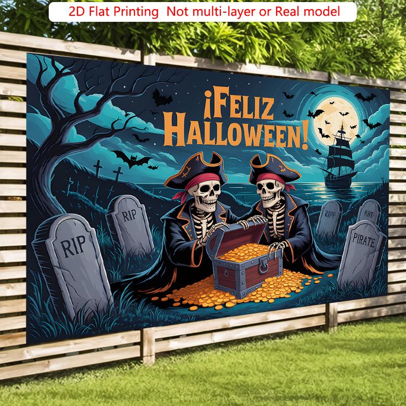 Party Backdrop Halloween Pirate Flat Spooky Skeletons Event Photo Background Party Decor