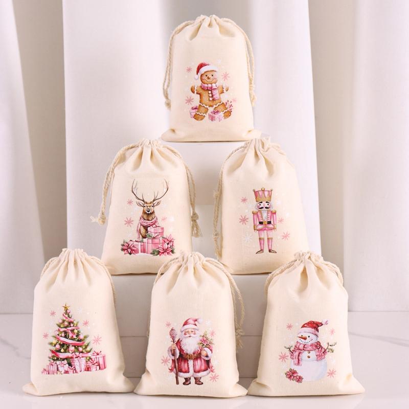 6pcs Christmas Drawstring Pouch Bags Small Candy Gift Bag Navidad Xmas Party Favor Boutique Jewelry Packaging Bags 2026 New Year