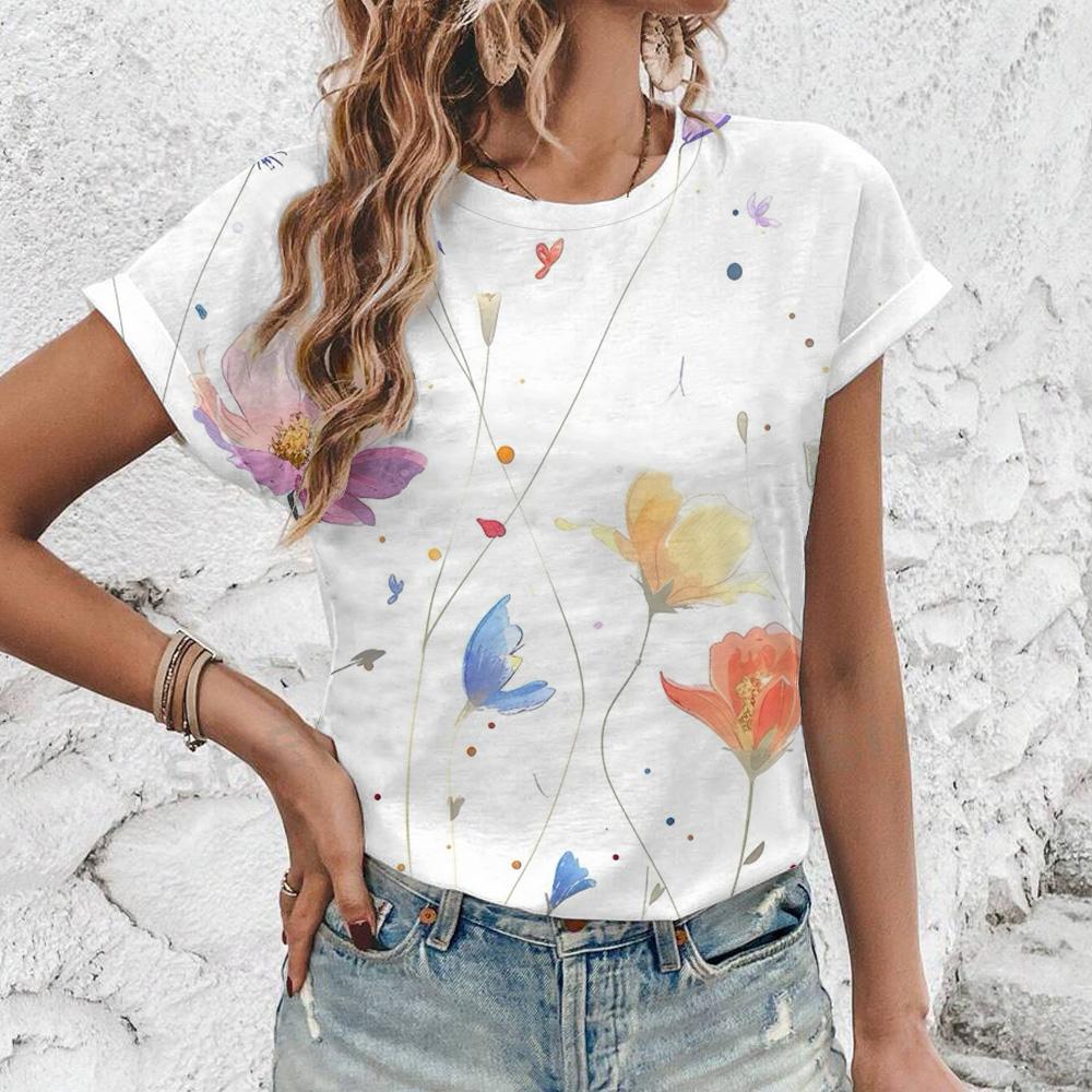 

2024 Элегантная женская футболка, модная футболка с художественным цветочным узором, женская футболка с короткими рукавами, летняя футболка для отдыха 6XL