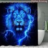 4Pcs Mystic Blue Lion Shower Curtain Set with Non-Slip Bath Mat, Toilet Lid Cover, Contour Rug & 12 Hooks, Bathroom Decor