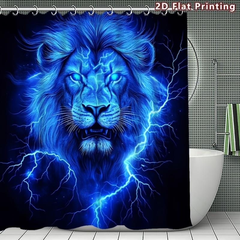 4Pcs Mystic Blue Lion Shower Curtain Set with Non-Slip Bath Mat, Toilet Lid Cover, Contour Rug & 12 Hooks, Bathroom Decor