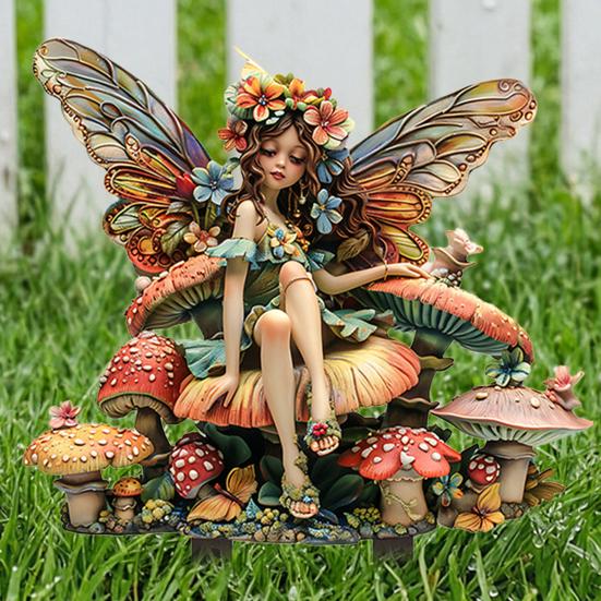Fairy Sitting On Mushroom Garden Decor, Acrylic Elf Garden Sign with Ground Stake, Decorative Fairy Garden Stake for Outdoor Yard Lawn Patio