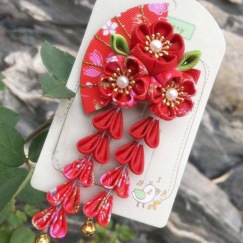 Japanese Kimono Fabric Flower Folding Fan Children Hair Accessories Clip Tassel Headwear Headdress Barrette