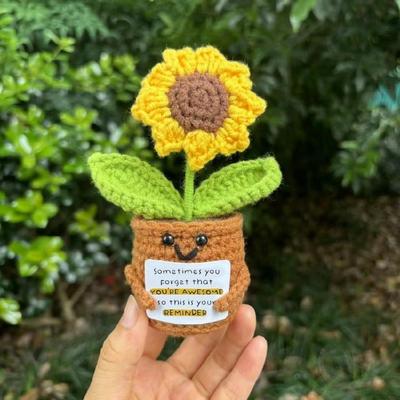 Artistic Crocheted Sunflowers Pot Car Ornamentation With Unique Expressions Recycled Yarn Materials Craft Unique Gift