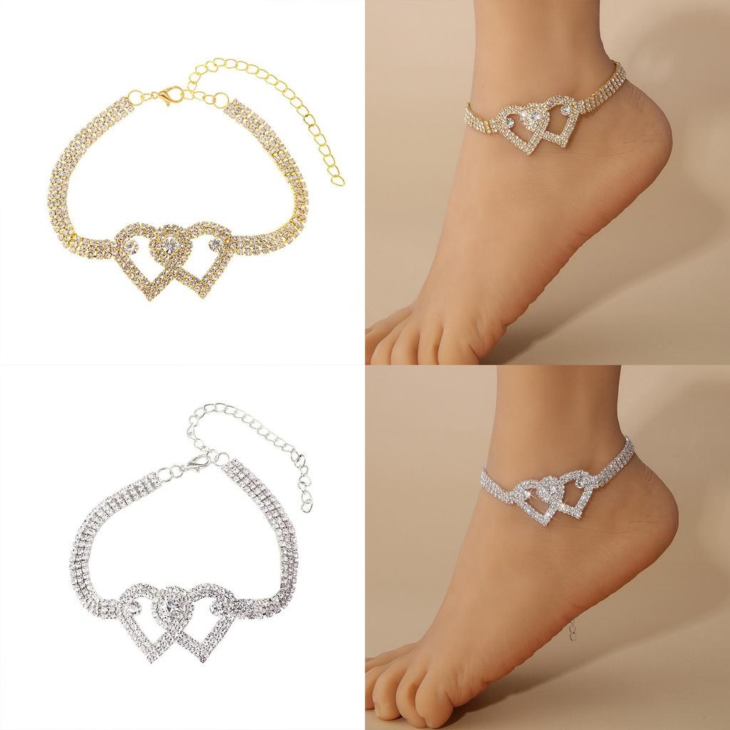 Skinnende hjerteformede rhinestone-fotsmykker, justerbart ankelbånd, krystall dobbelt hjerteformet ankelbånd