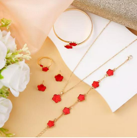 European Elegance: Five-Petal Flower Jewelry Set (Necklace, Bracelet, Bangle, Earrings, Ring)