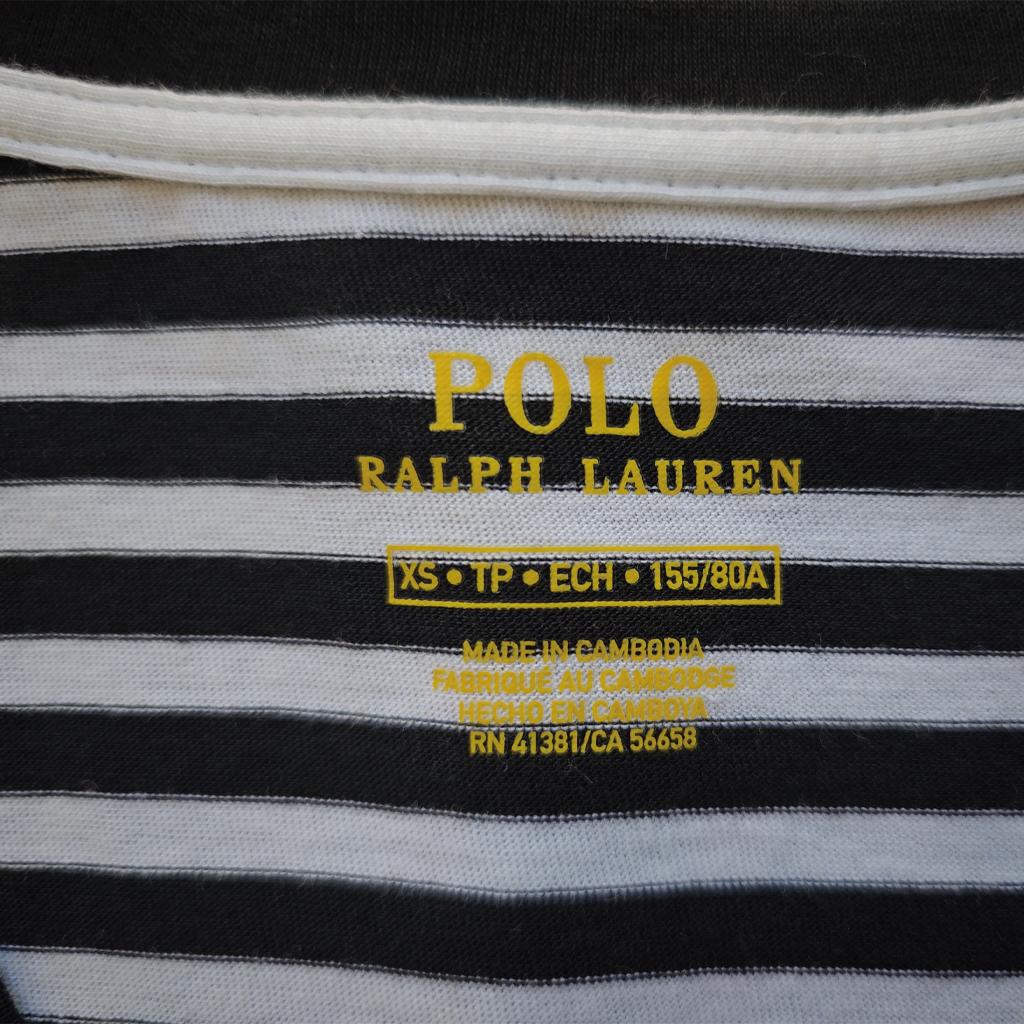 Polo Ralph Lauren Striped Logo Embroidered V-Neck Short Sleeve T-Shirt Women T-Shirts Black White 211698035-045