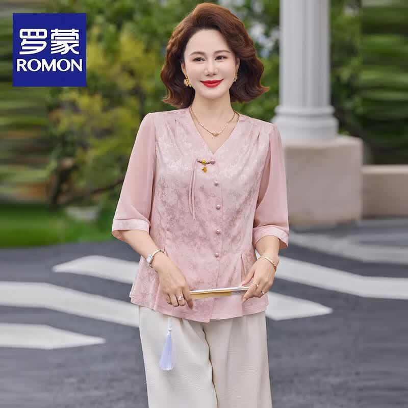 

ROMON Mid-Aged Women s Summer Chinese Style Embroidered Top & Set 4XL
