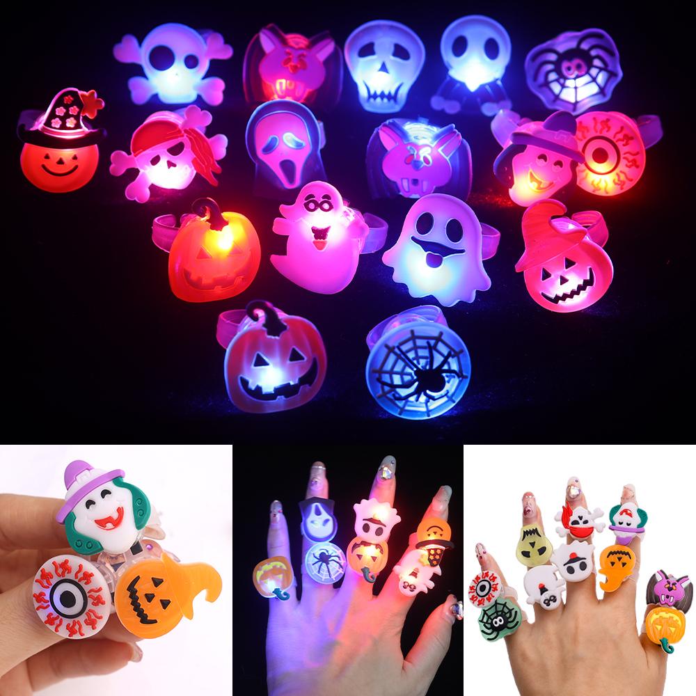 

10pcs LED Light Halloween Ring Glowing Pumpkin Ghost Skull Rings Kids Gift Halloween Party Decoration for Horror Props Supplies resizable&10pcs