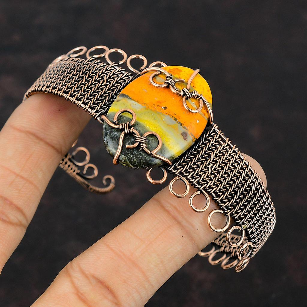 Bumble Bee Jasper Cuff Bracelet Copper Wire Wrapped Bangle Gemstone Bracelet Copper Wire Jewelry Handmade Adjustable Bangle Engagement Gift