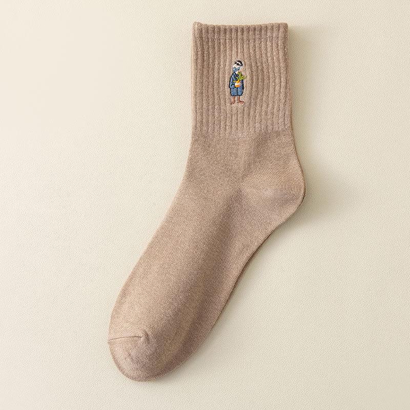 Men's Embroidered Long Cotton Socks - Autumn/Winter Mid-Tube Solid Color Sports Socks with Japanese Sunglasses Design.