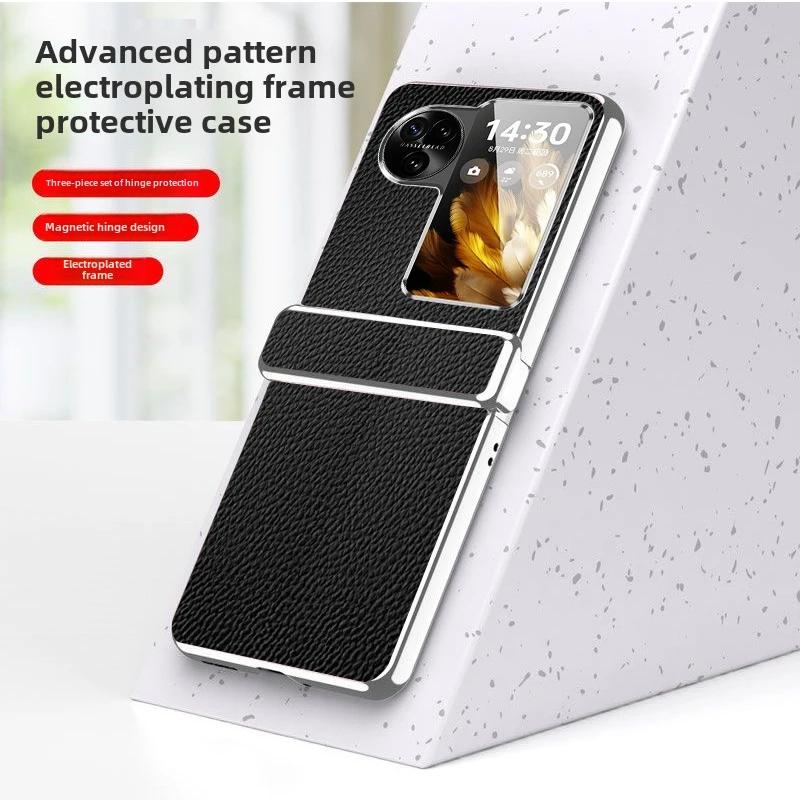 Carcasă de telefon din piele PU cu model litchi cu ramă galvanizată aurie și argintie pentru pentru OPPO Find N2 N3 Flip Husă de protecție pentru balamaua telefonului